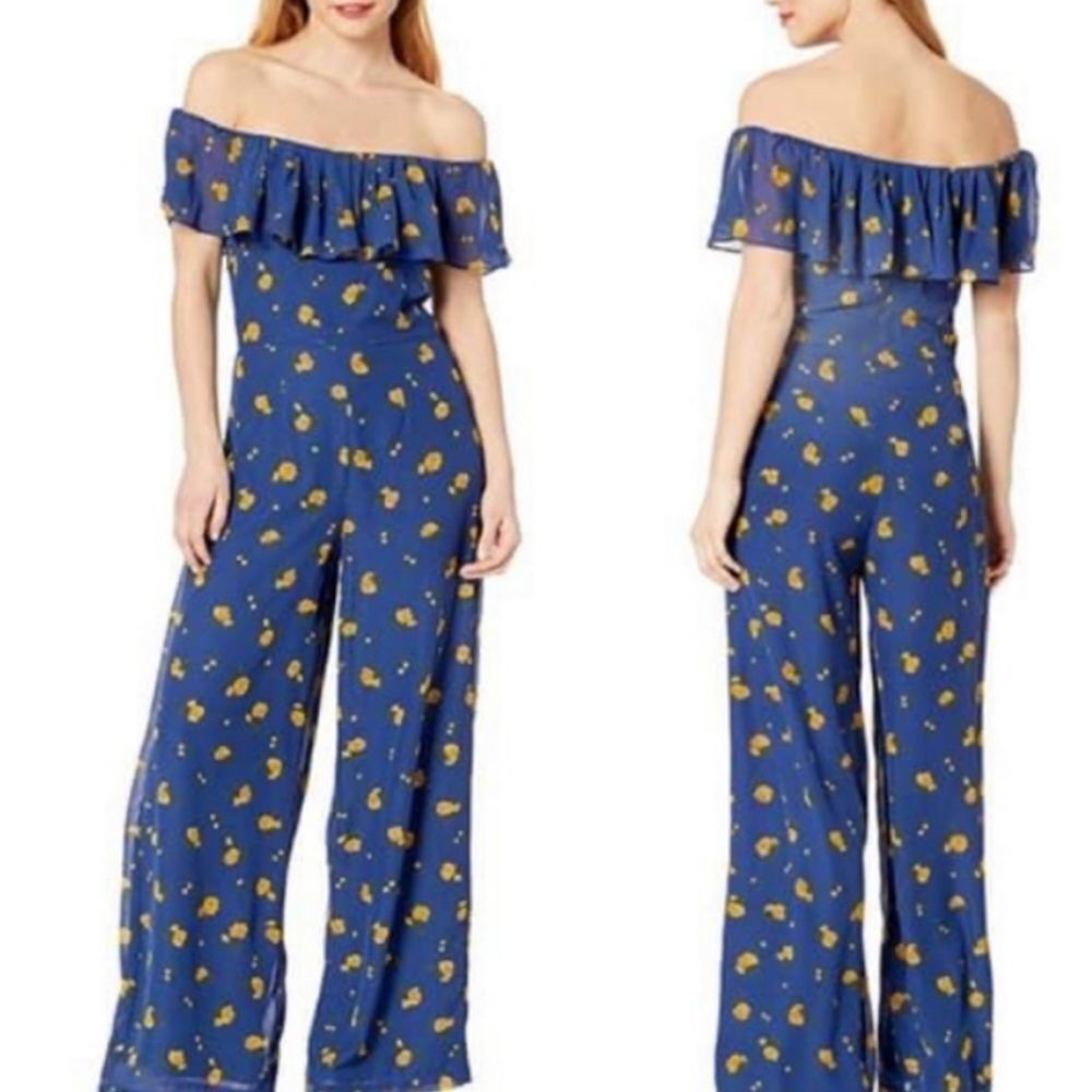 🔸️Betsey Johnson Blue w/Yellow Flowers Wide Leg Off Shoulder Jumpsuit Size 6